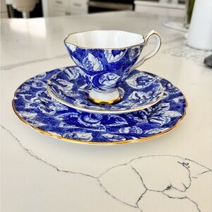 Royal Stafford Tapestry Cobal Blue, Gol and White Floral Tea Set with Gold Trim
